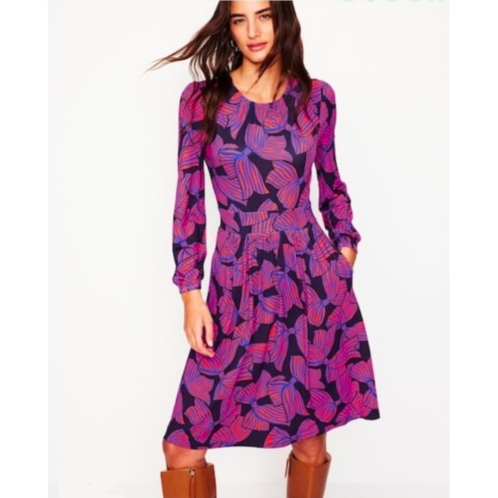 NWT Boden Alexandra Navy Red Bow Print Jersey Dress Long Sleeve Plus Size 20-22R